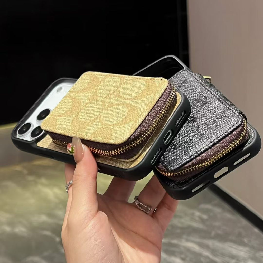 Coach-inspired fine monogram iPhone 17 case with gold-tone corners