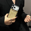 Coach-inspired fine monogram iPhone 17 case with gold-tone corners