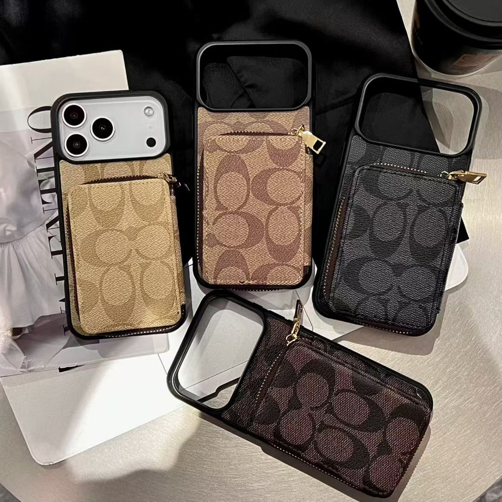 Coach-inspired fine monogram iPhone 17 case with gold-tone corners