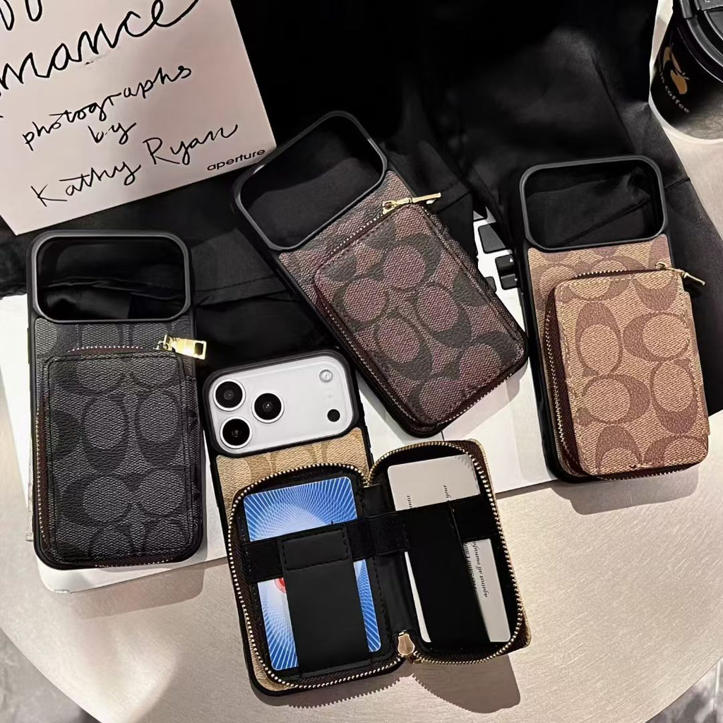 Coach-inspired fine monogram iPhone 17 case with gold-tone corners