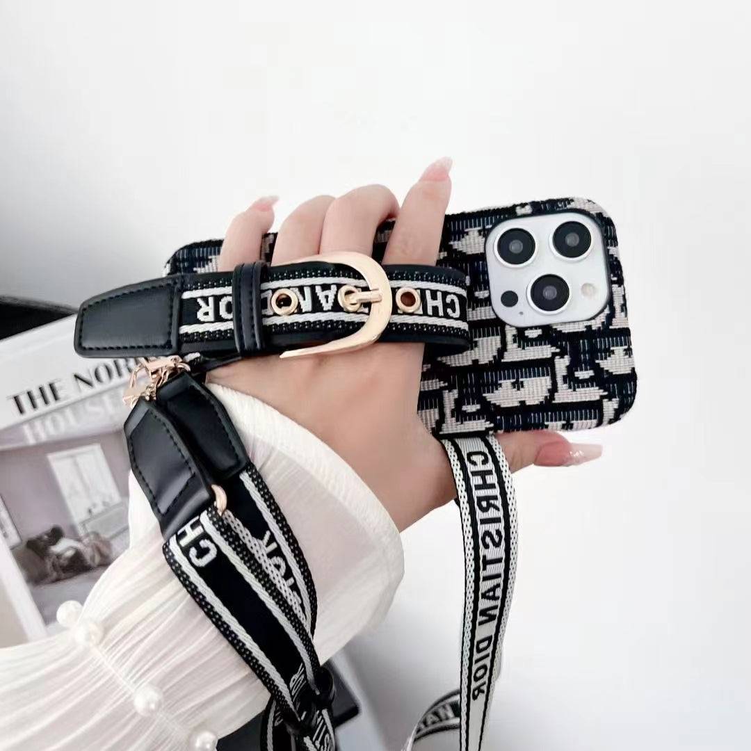 Dior-inspired lady phone case with lanyard for iPhone