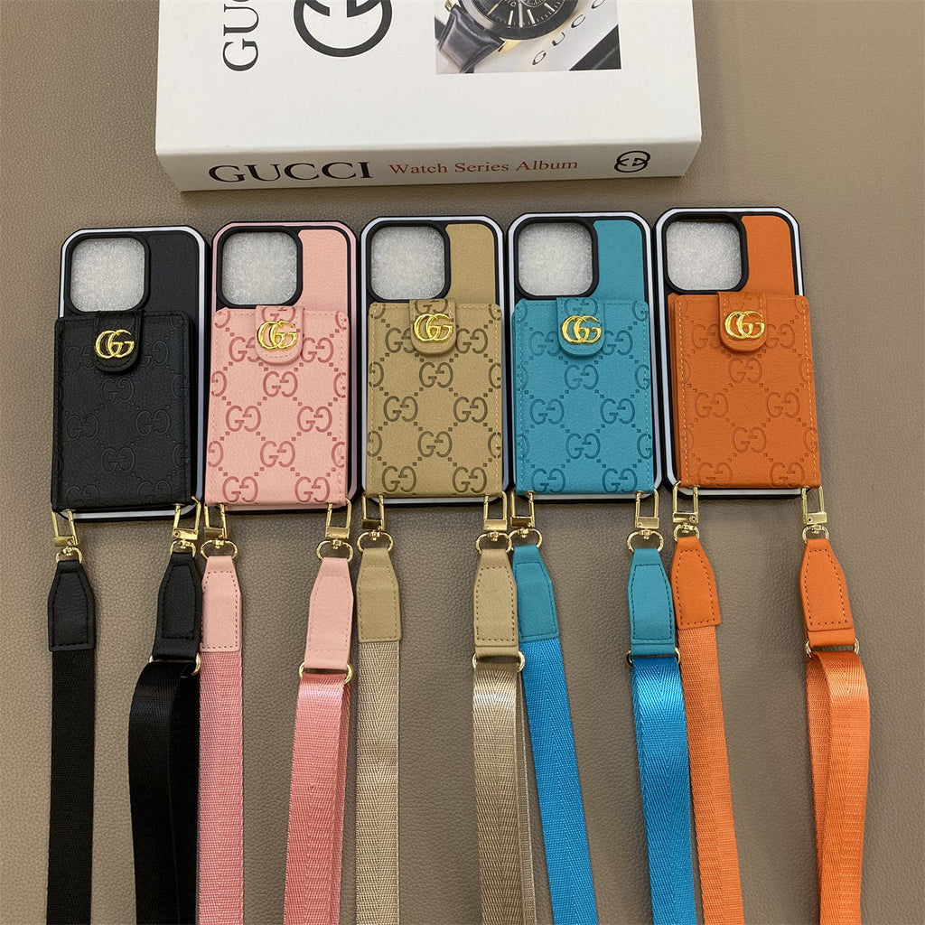 Gucci-inspired leather iPhone case with strap and wallet card holder