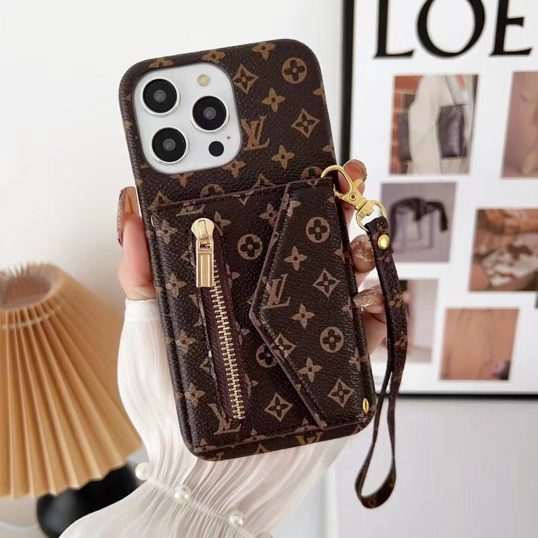 Louis Vuitton-inspired monogram wallet phone case with zip pocket