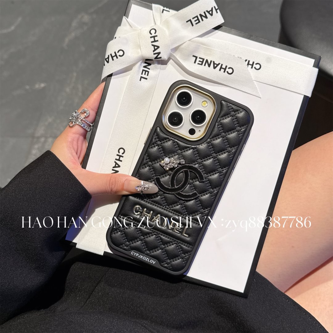 Chanel-inspired quilted iPhone case with sparkling emblem