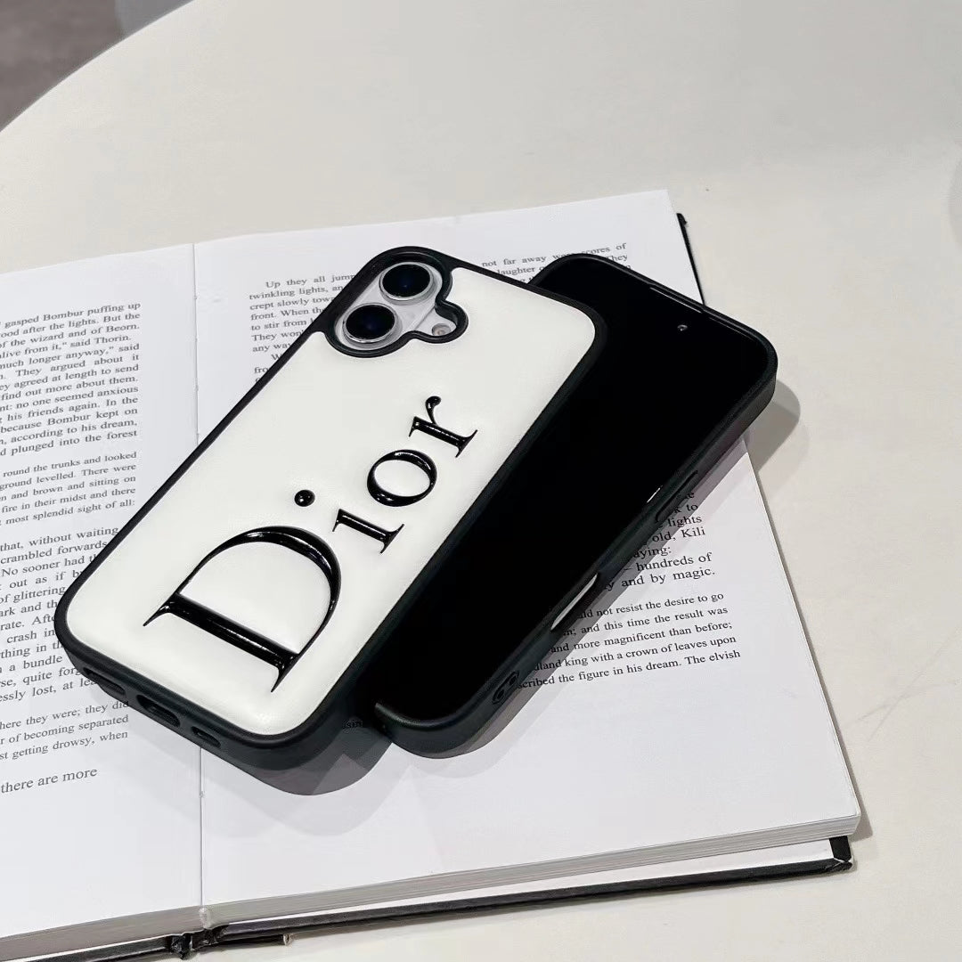 Dior-inspired black and white iPhone 16 Pro case with raised lettering