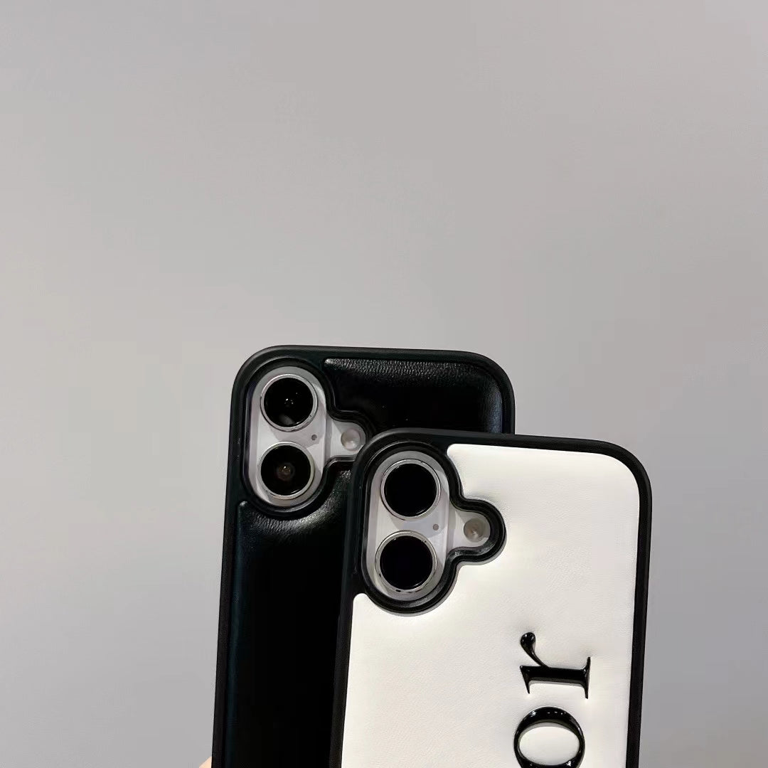 Dior-inspired black and white iPhone 16 Pro case with raised lettering