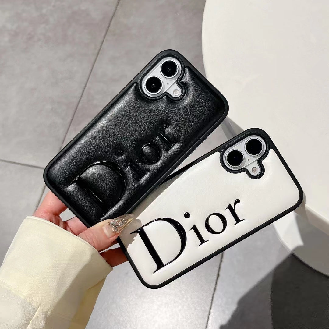 Dior-inspired black and white iPhone 16 Pro case with raised lettering