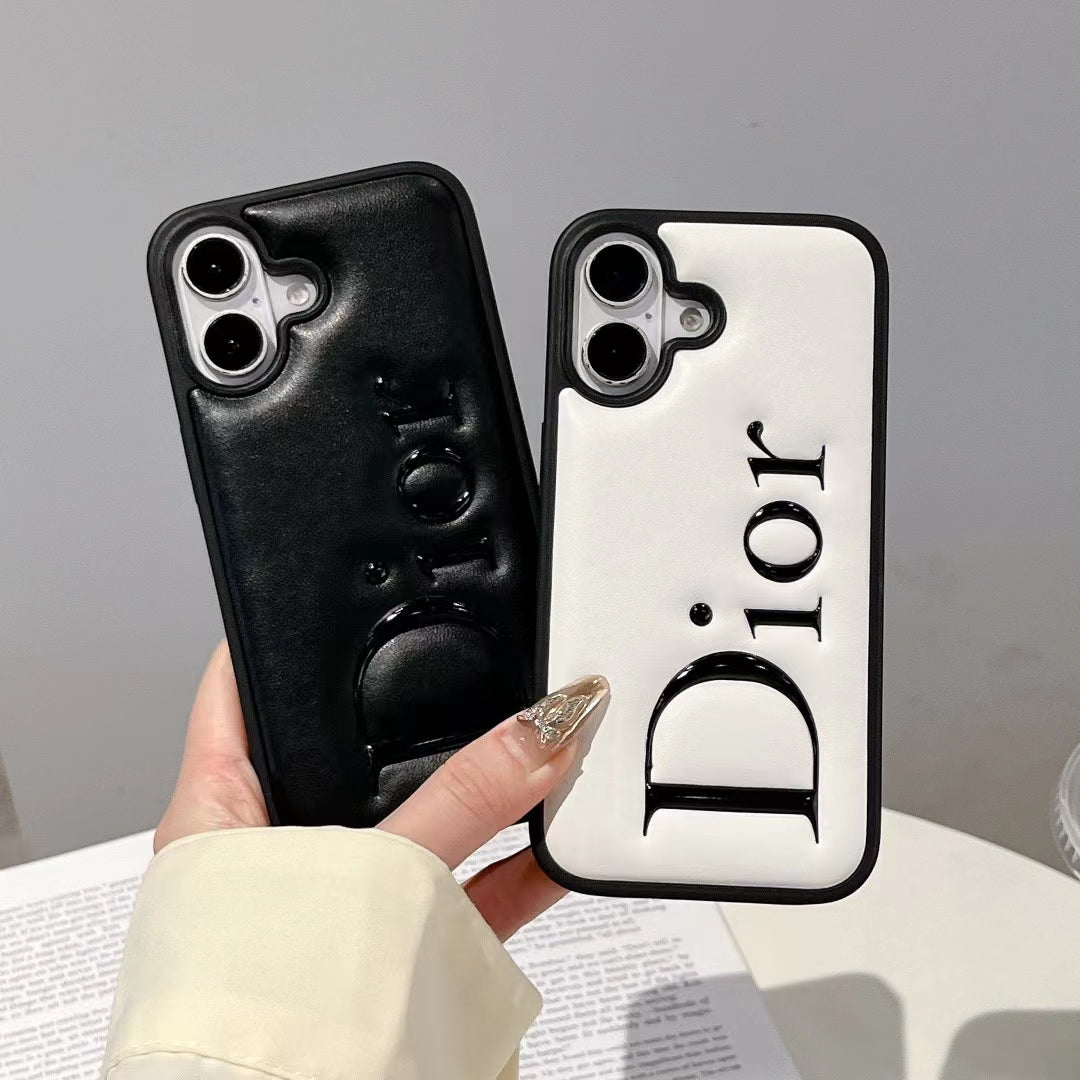 Dior-inspired black and white iPhone 16 Pro case with raised lettering
