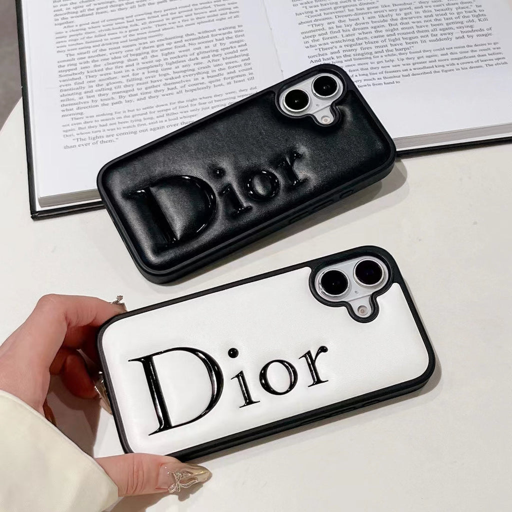 Dior-inspired black and white iPhone 16 Pro case with raised lettering