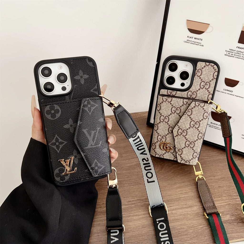 Canvas and leather crossbody iPhone case with accordion card holder