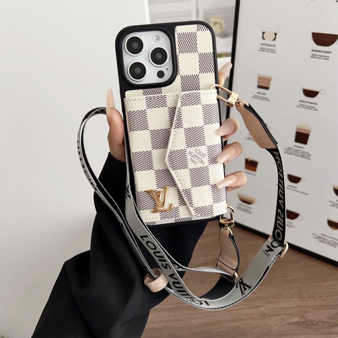 Canvas and leather crossbody iPhone case with accordion card holder