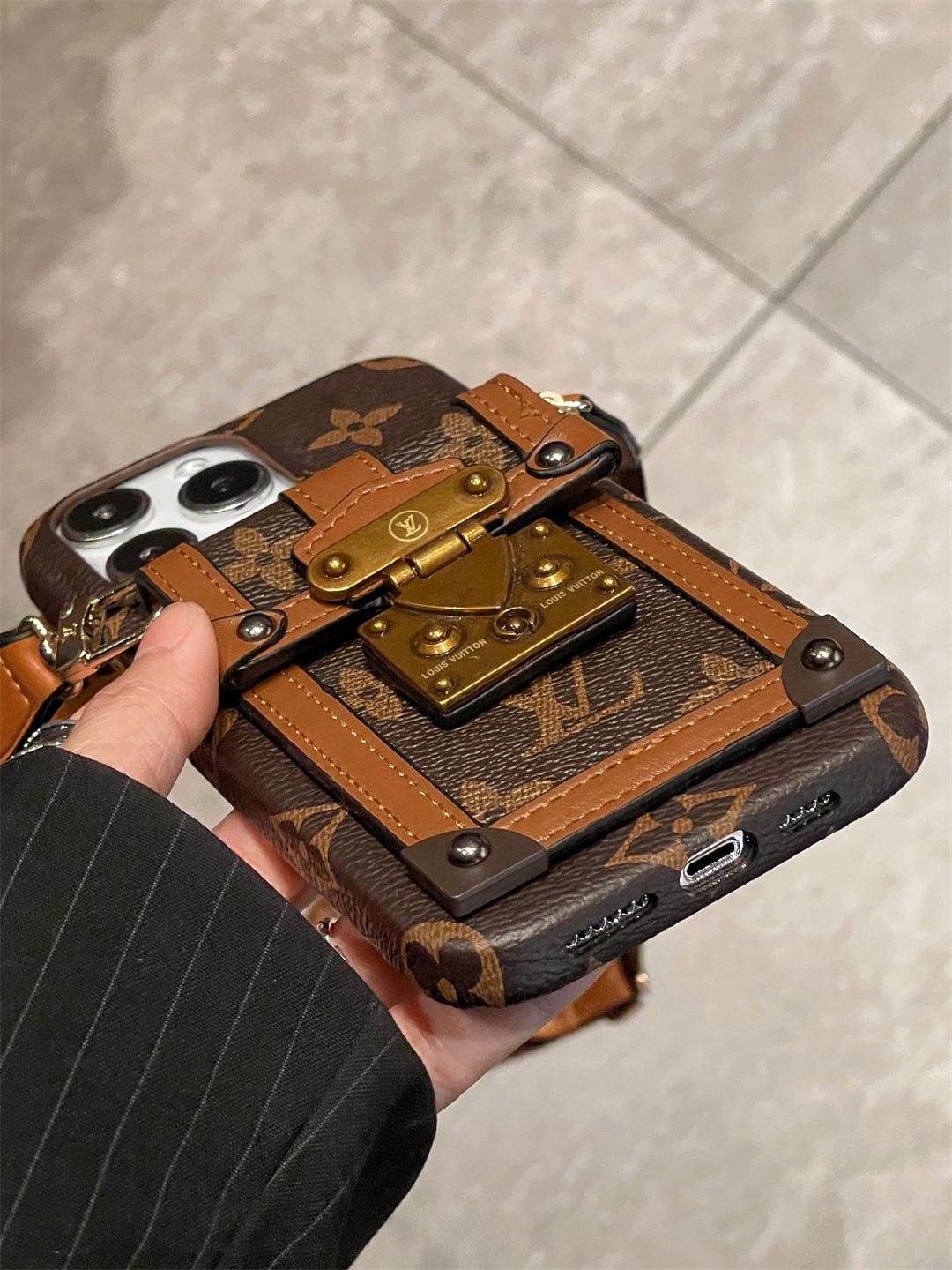 Louis Vuitton-inspired canvas crossbody iPhone case with card holder