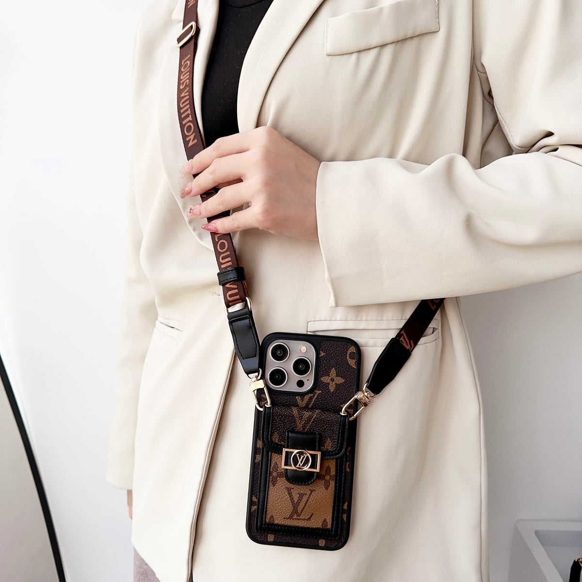 Louis Vuitton-inspired leather monogram crossbody iPhone case