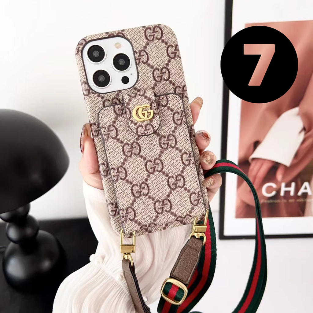 Louis Vuitton-inspired monogram phone case with strap and card pocket