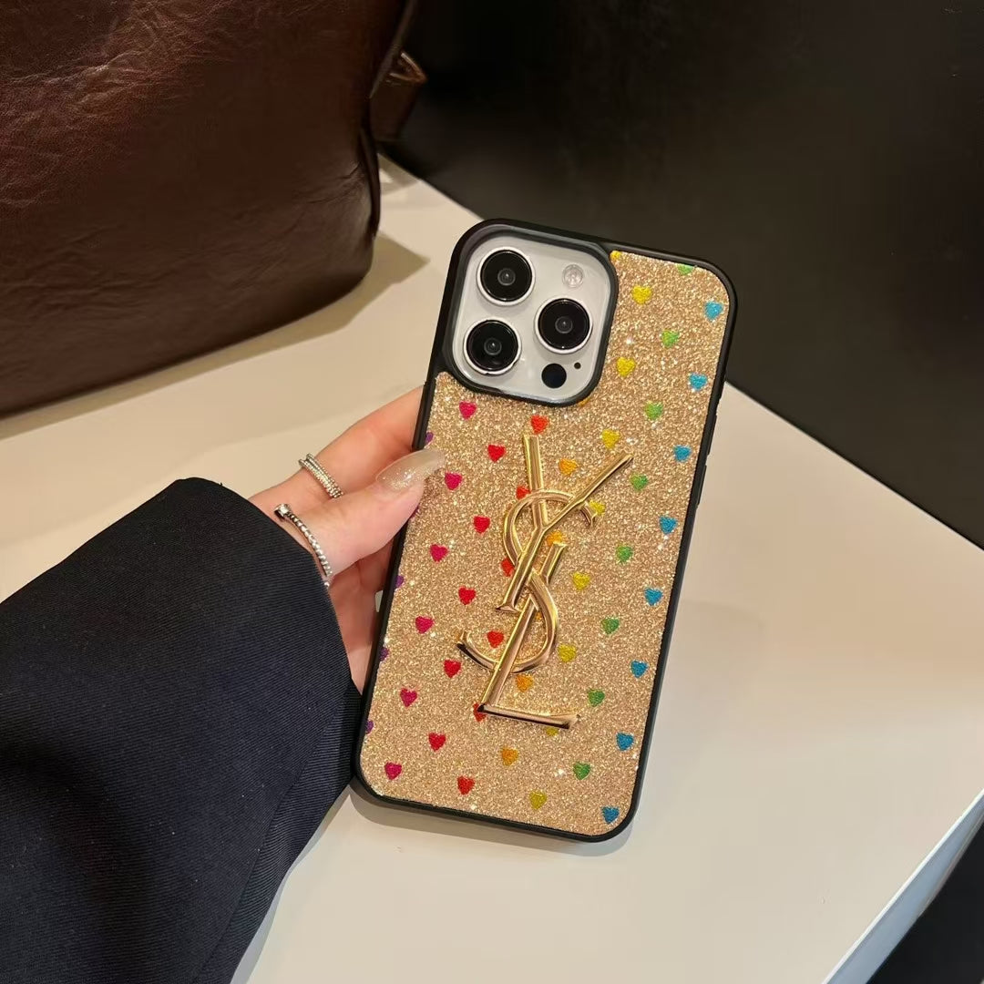 YSL-inspired glitter iPhone case with metal emblem
