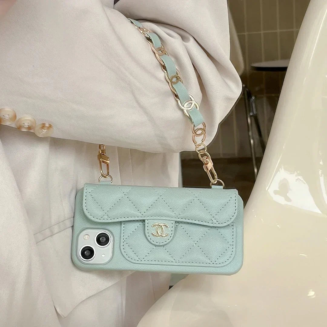 Chanel-inspired quilted phone case with beaded hand strap