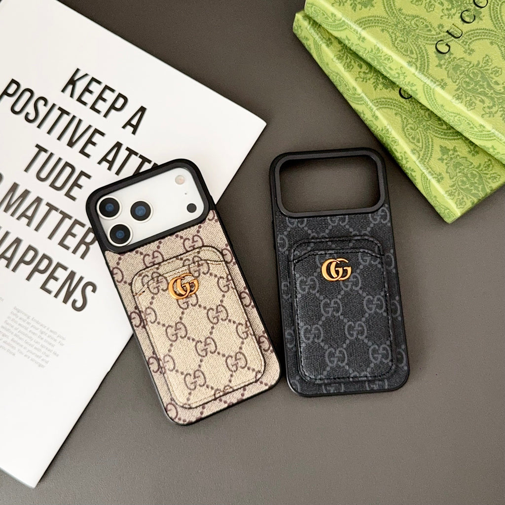 Gucci-inspired fine monogram iPhone 17 case with wallet card holder