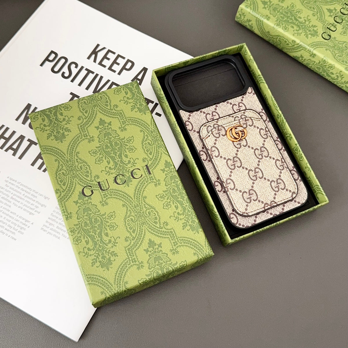 Gucci-inspired fine monogram iPhone 17 case with wallet card holder