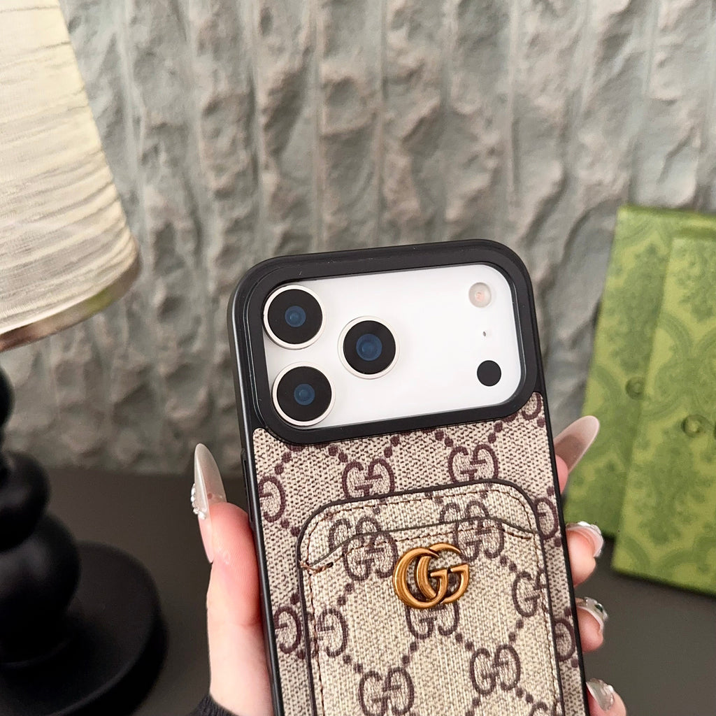 Gucci-inspired fine monogram iPhone 17 case with wallet card holder