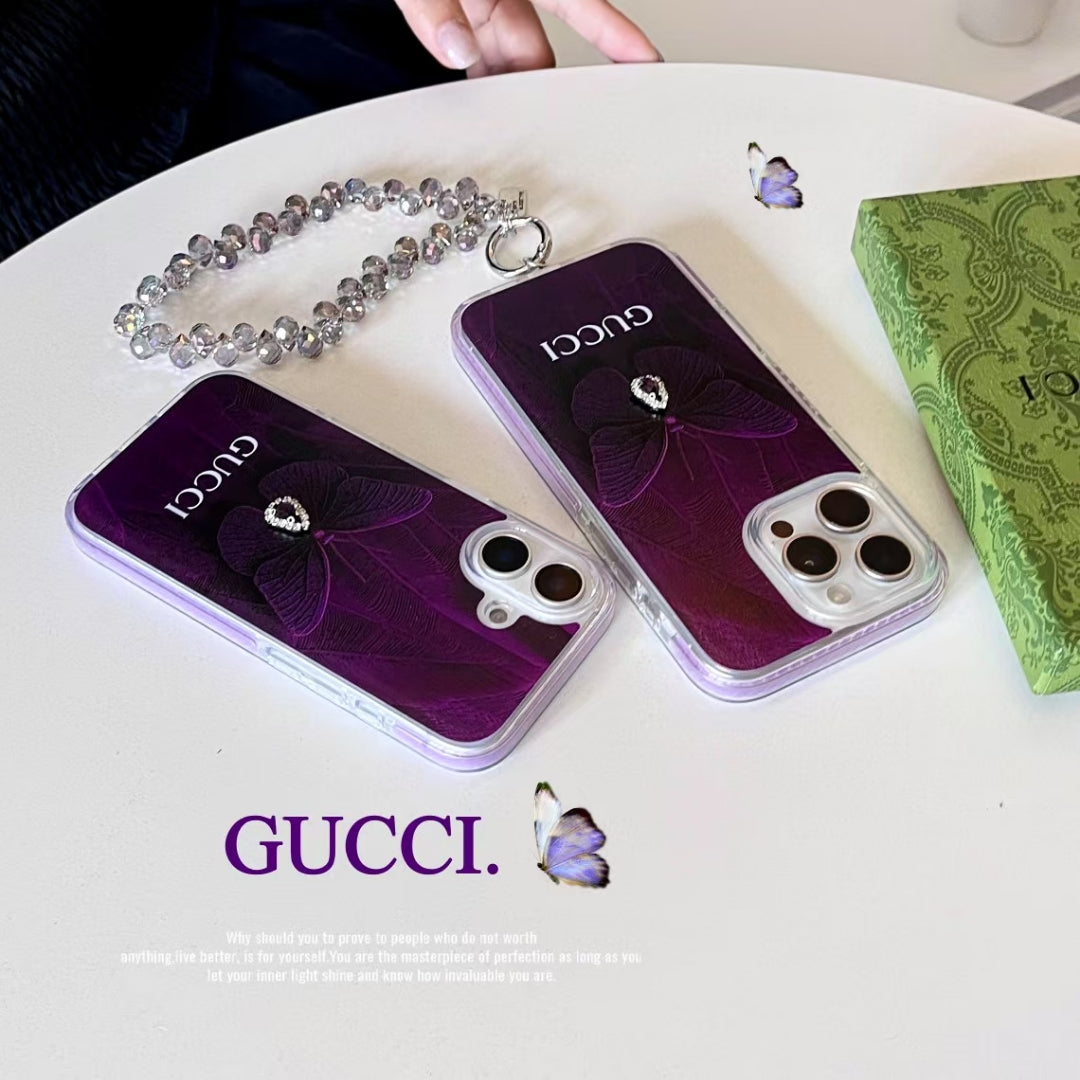 Gucci-inspired purple iPhone 16 Pro case with beaded strap