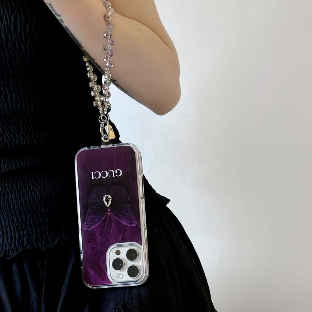Gucci-inspired purple iPhone 16 Pro case with beaded strap