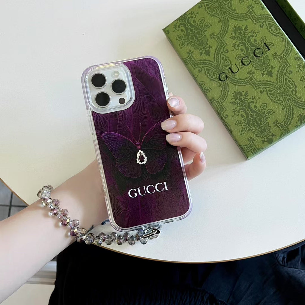 Gucci-inspired purple iPhone 16 Pro case with beaded strap