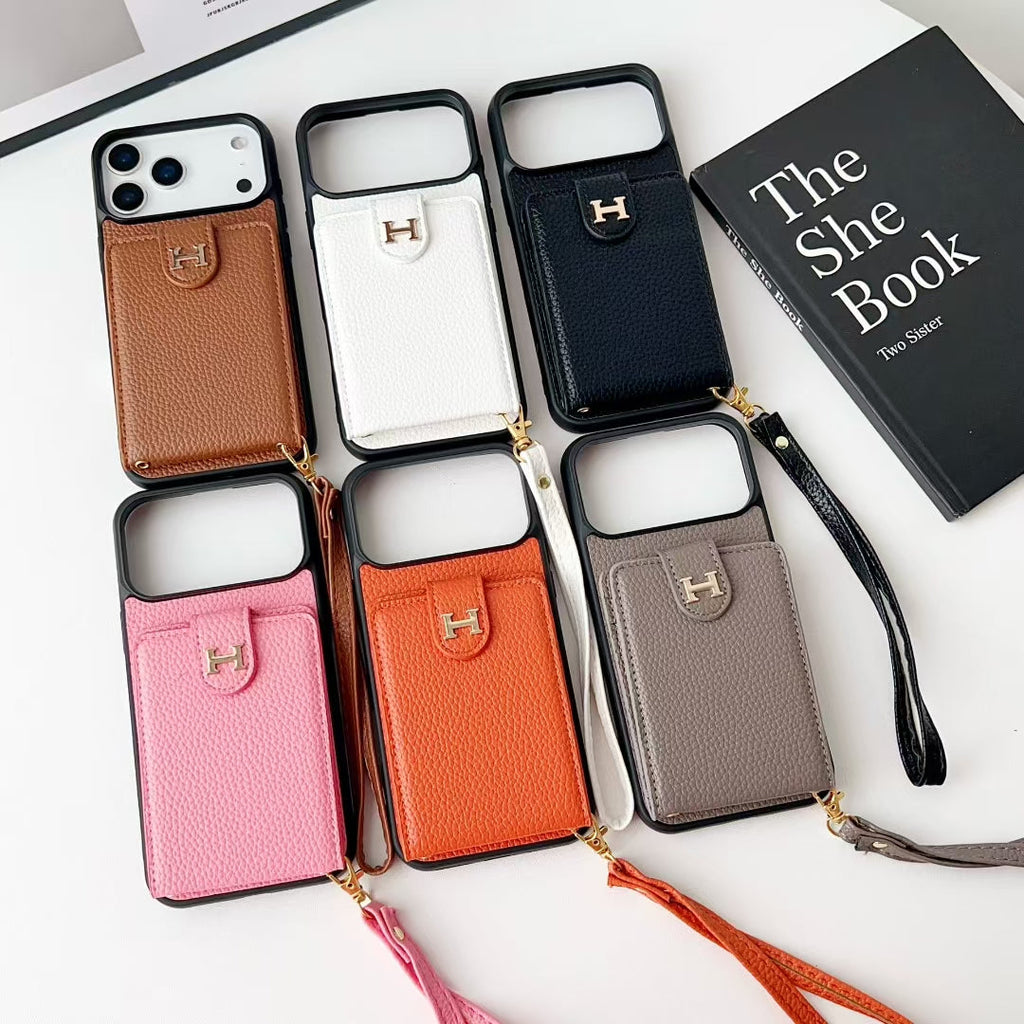 Hermes-inspired solid color iPhone 17 case with card holder and strap