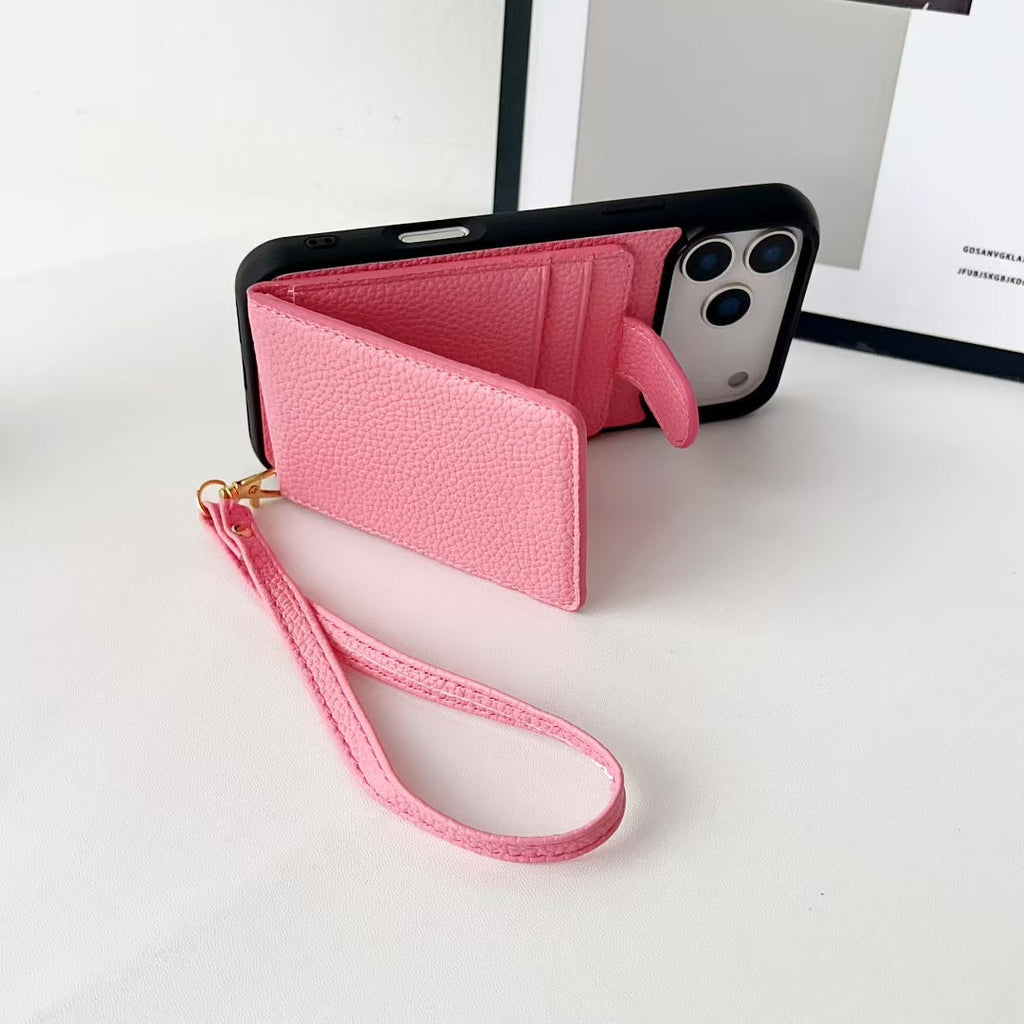 Hermes-inspired solid color iPhone 17 case with card holder and strap