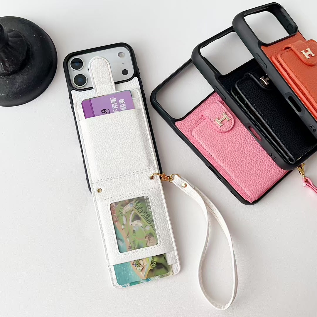 Hermes-inspired solid color iPhone 17 case with card holder and strap