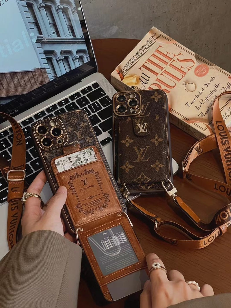 Leather iPhone case with card wallet and strap