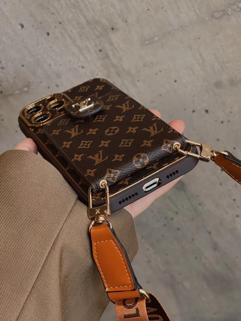 Leather iPhone case with card wallet and strap