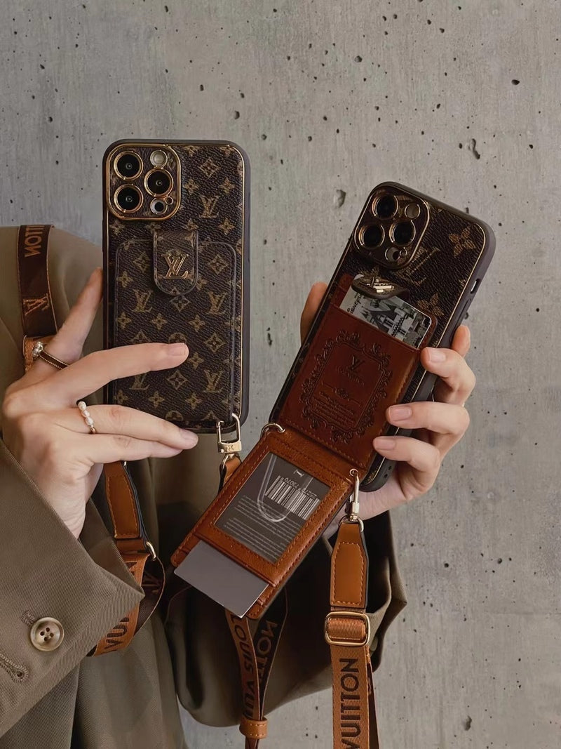 Leather iPhone case with card wallet and strap