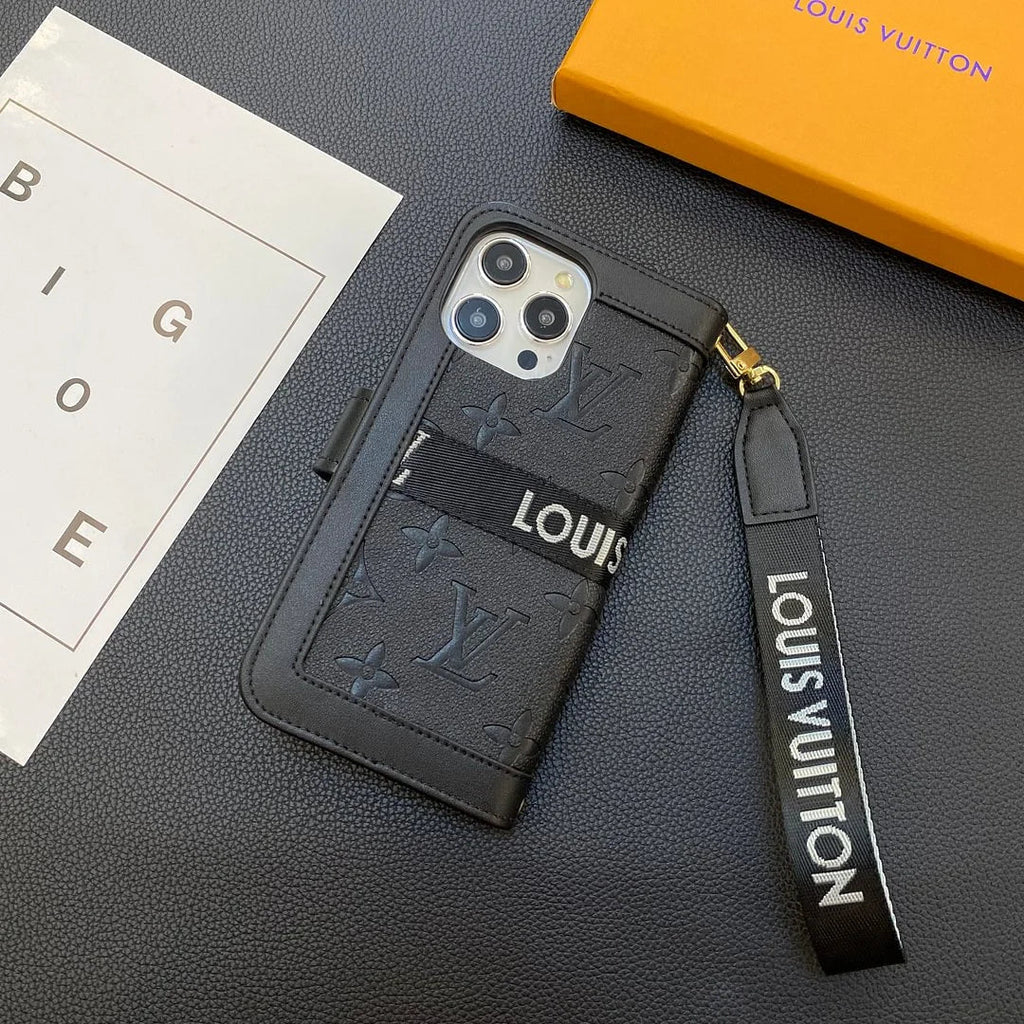 Louis Vuitton-inspired embossed flip wallet case for iPhone 17
