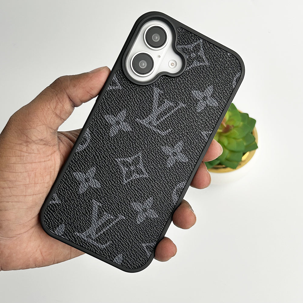 Louis Vuitton-inspired monogram leather iPhone case with camera cutout