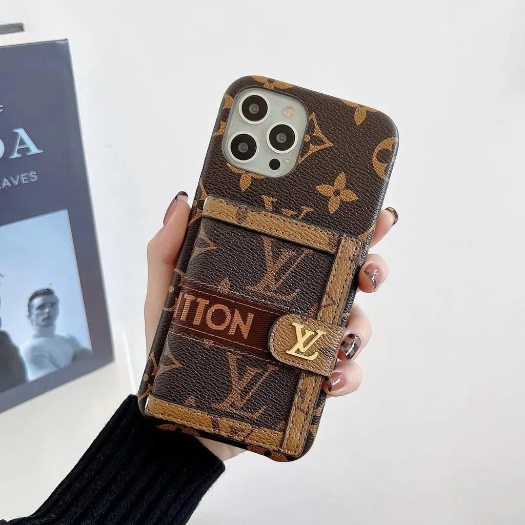 Louis Vuitton-inspired monogram iPhone 17 case with wallet strap, brown