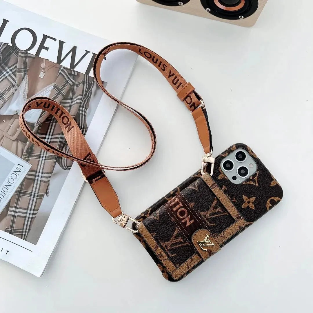 Louis Vuitton-inspired monogram iPhone 17 case with wallet strap