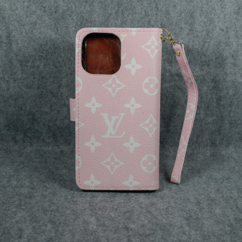 Louis Vuitton-inspired pink monogram flip wallet case for iPhone 17 Pro Max