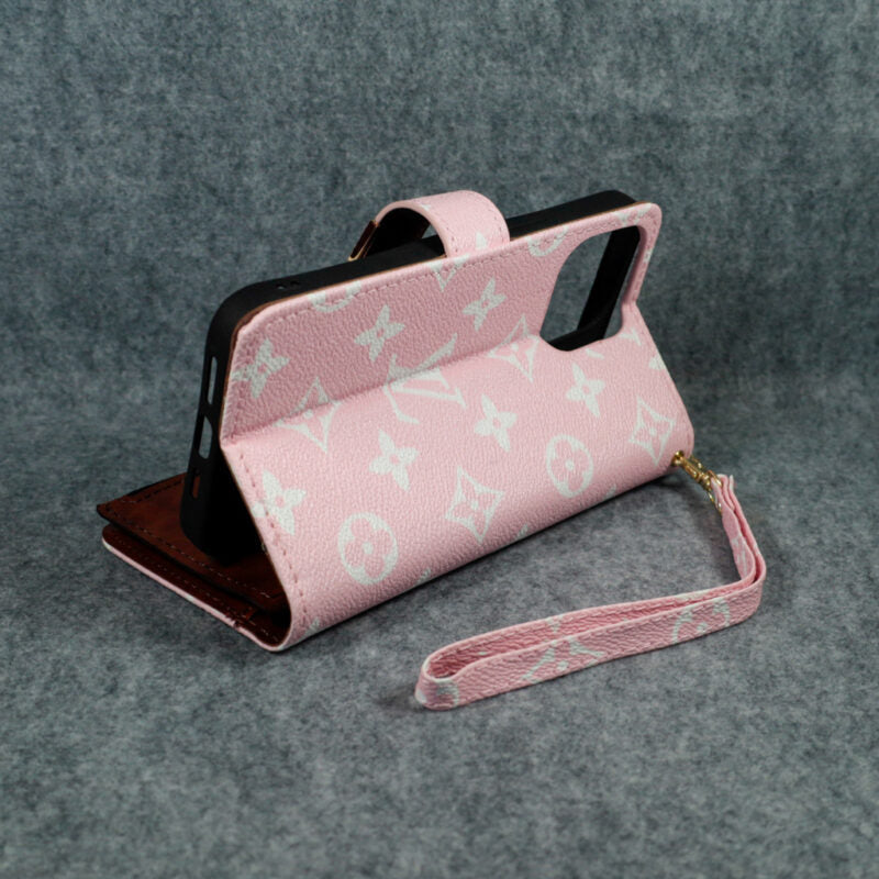 Louis Vuitton-inspired pink monogram flip wallet case for iPhone 17 Pro Max