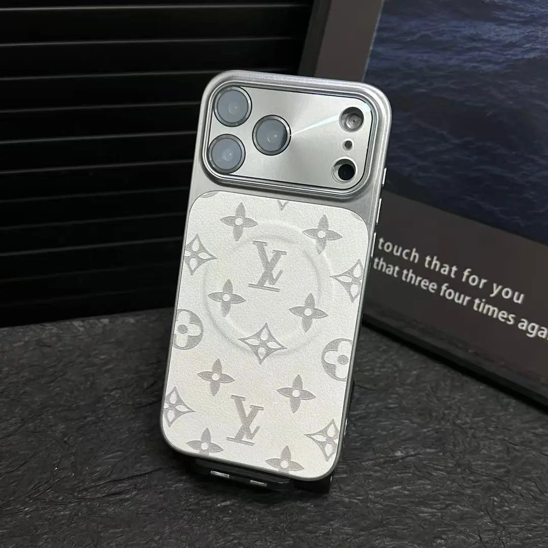 Louis Vuitton-inspired light monogram iPhone 17 case with contrasting camera trim