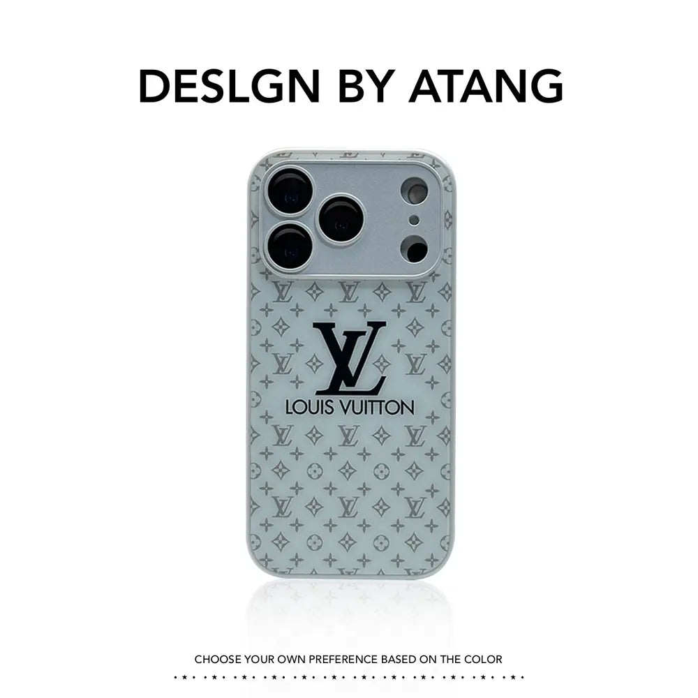 Louis Vuitton-inspired textured monogram iPhone case with contrast camera frame