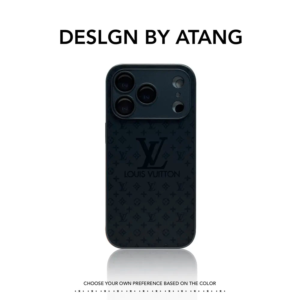 Louis Vuitton-inspired textured monogram iPhone case with contrast camera frame