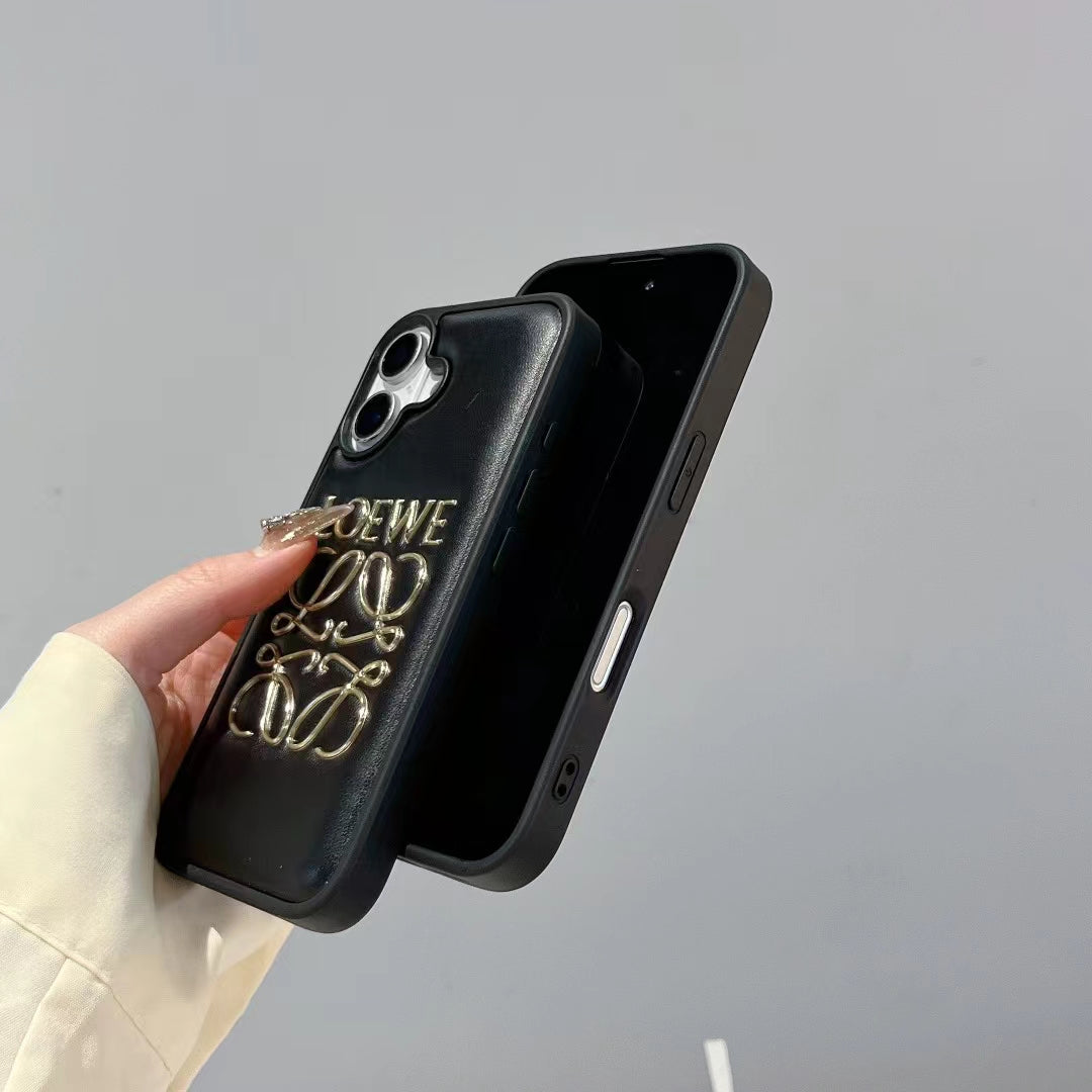 Loewe-inspired black and white iPhone 16 Pro case with emblem