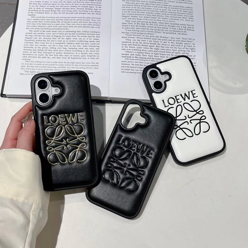 Loewe-inspired black and white iPhone 16 Pro case with emblem