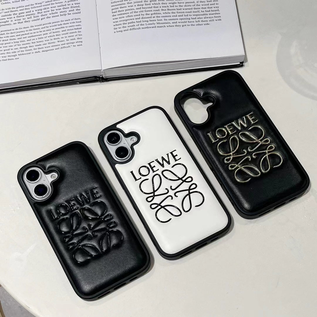 Loewe-inspired black and white iPhone 16 Pro case with emblem