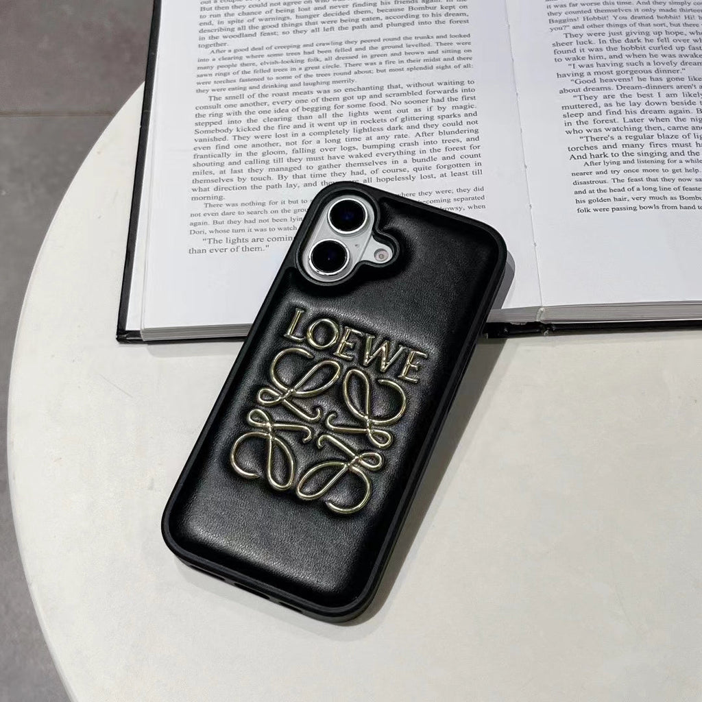 Loewe-inspired black and white iPhone 16 Pro case with emblem