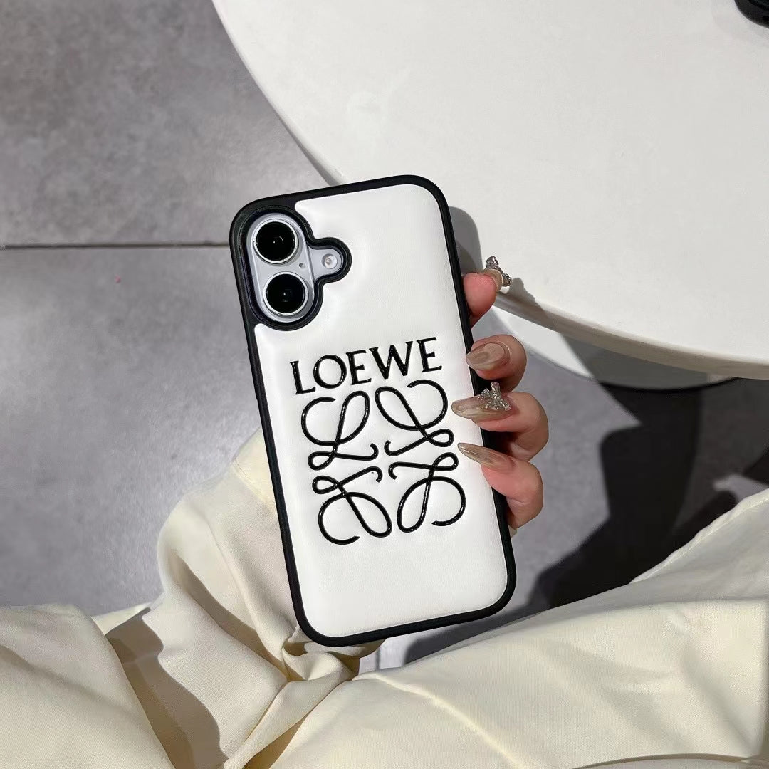 Loewe-inspired black and white iPhone 16 Pro case with emblem