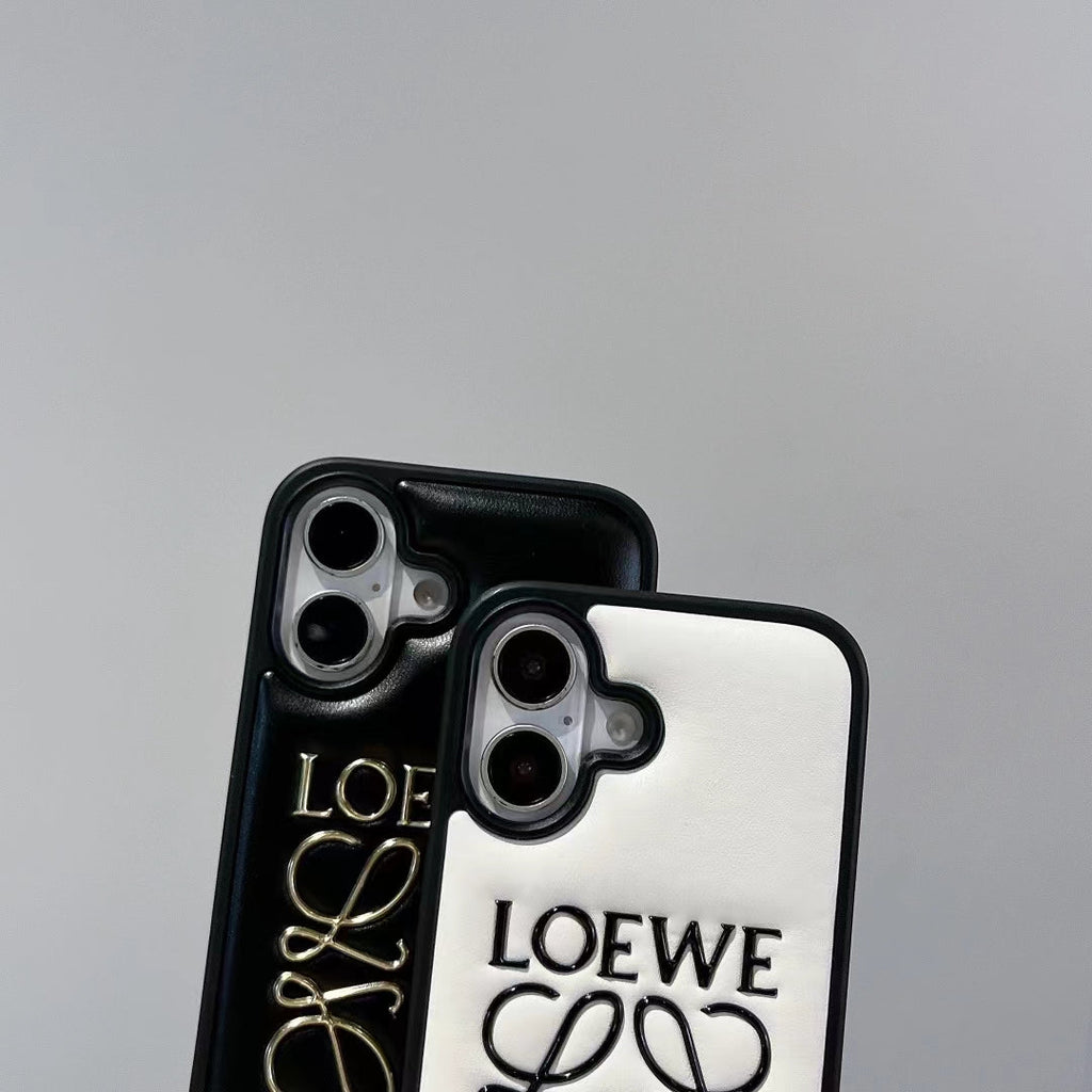 Loewe-inspired black and white iPhone 16 Pro case with emblem