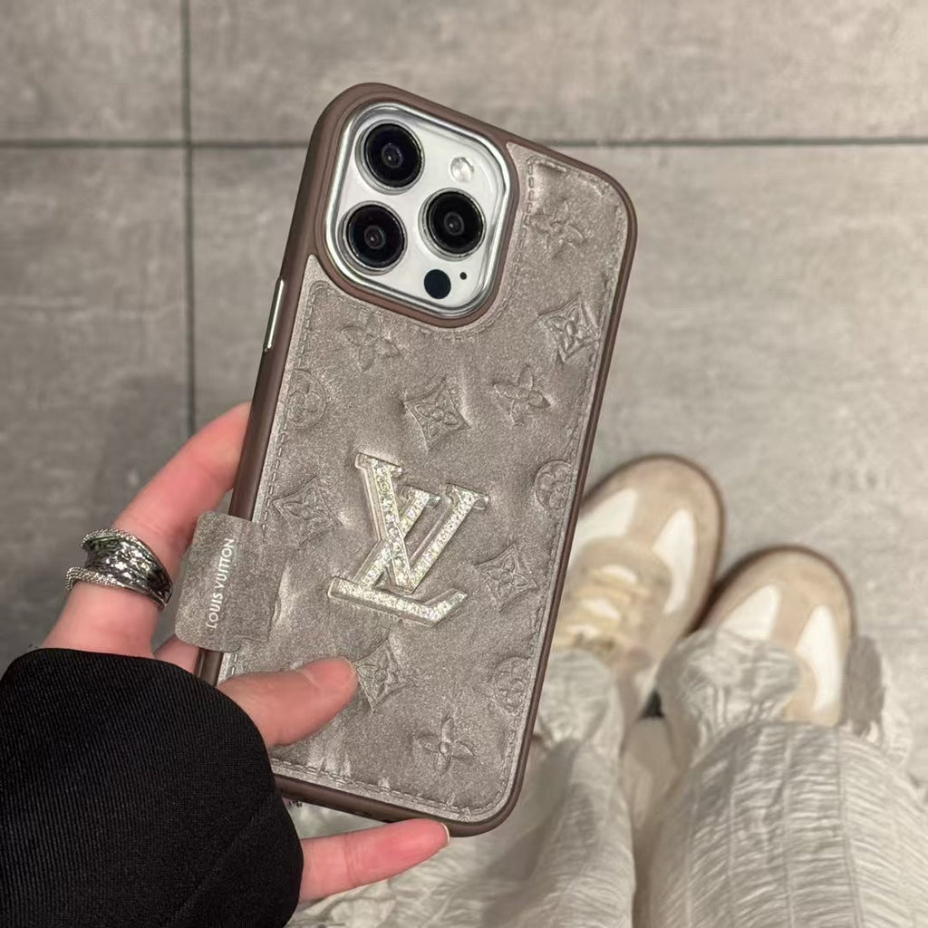 Louis Vuitton-inspired textured iPhone 16 Pro case with raised initials