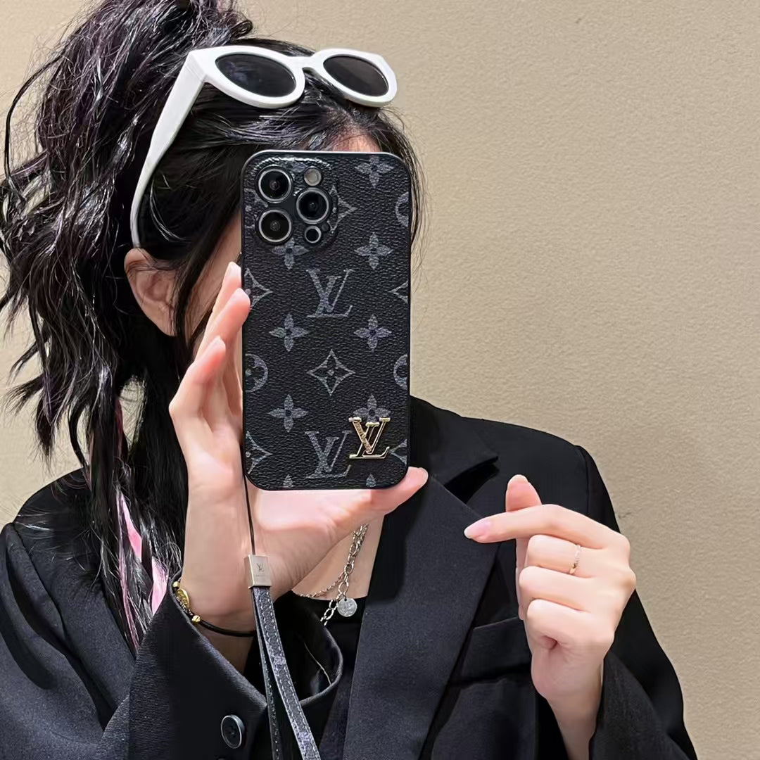 Louis Vuitton-inspired monogram iPhone 16 Pro case with matching strap