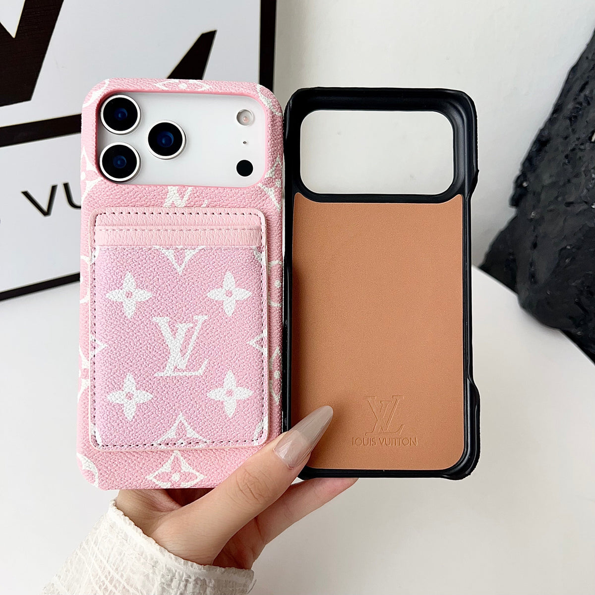 Louis Vuitton-inspired monogram iPhone 17 case with card wallet
